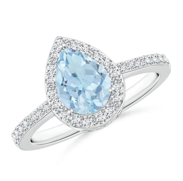 Pear Aquamarine Ring with Diamond Halo